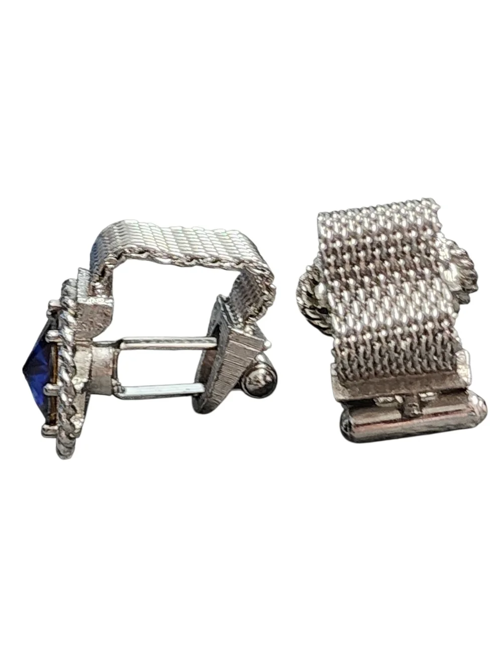Dante Silvertone Tie Clip Cufflink Set Mesh Blue Rivoli Crystals Vintage